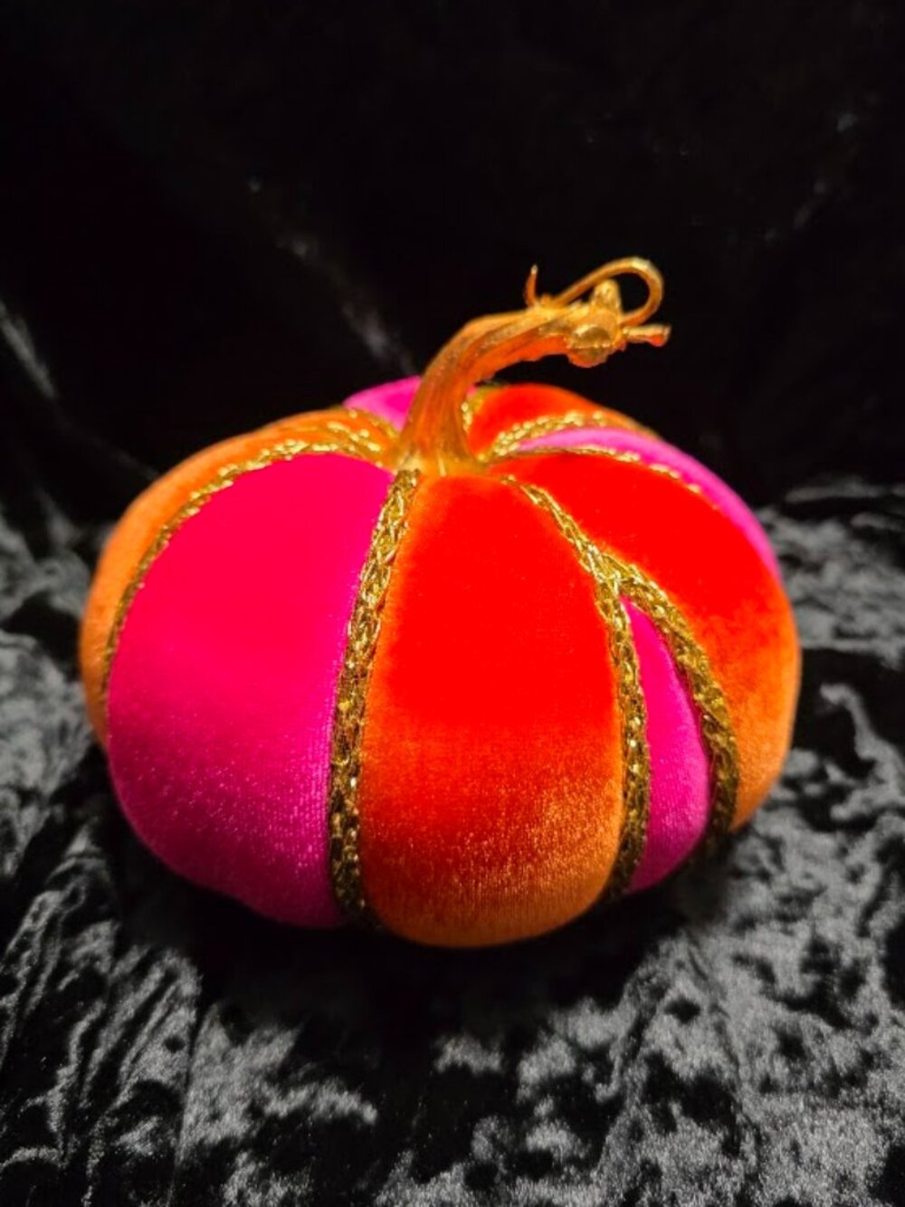 Orange and Hot Pink Velvet Pumpkin, Gold Cord Trim, Handcrafted